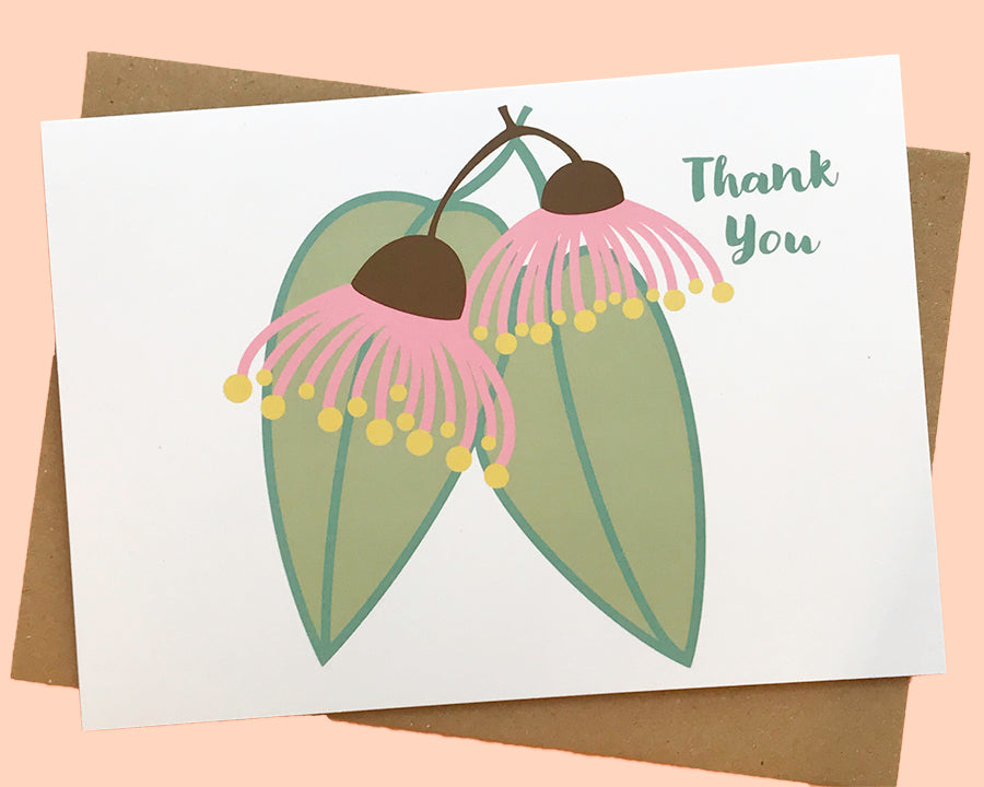 Greeting card with simple illustration of gum flower and leaves with Thank You text. From The Flower Moon Fox