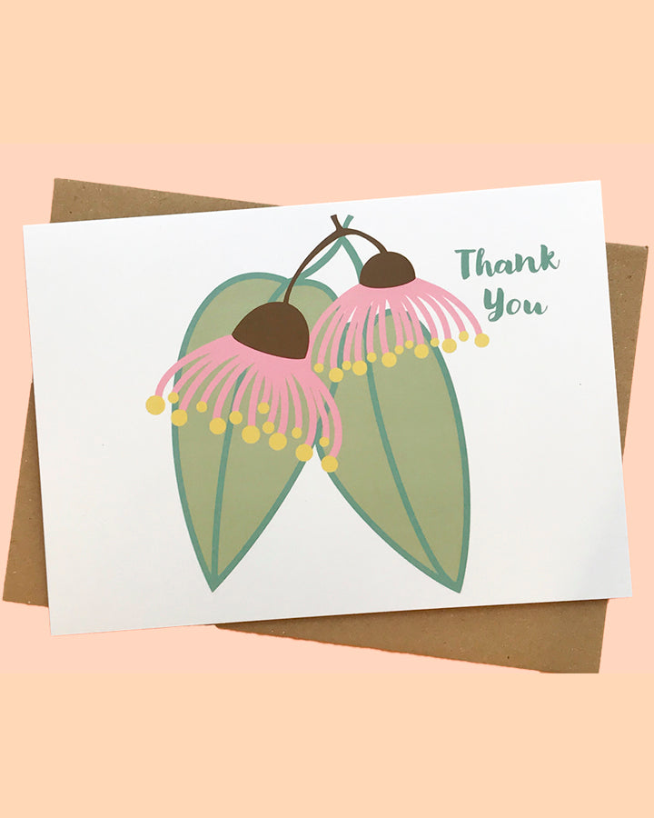 Greeting card with simple illustration of gum flower and leaves with Thank You text. From The Flower Moon Fox 